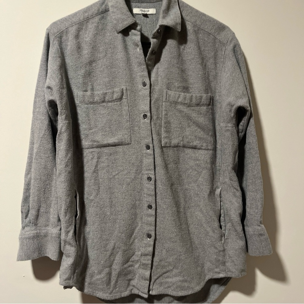 Madewell Womens Flannel Shirt Sz XS Gray Flap Pocket Oversized Ex Boyfriend Top